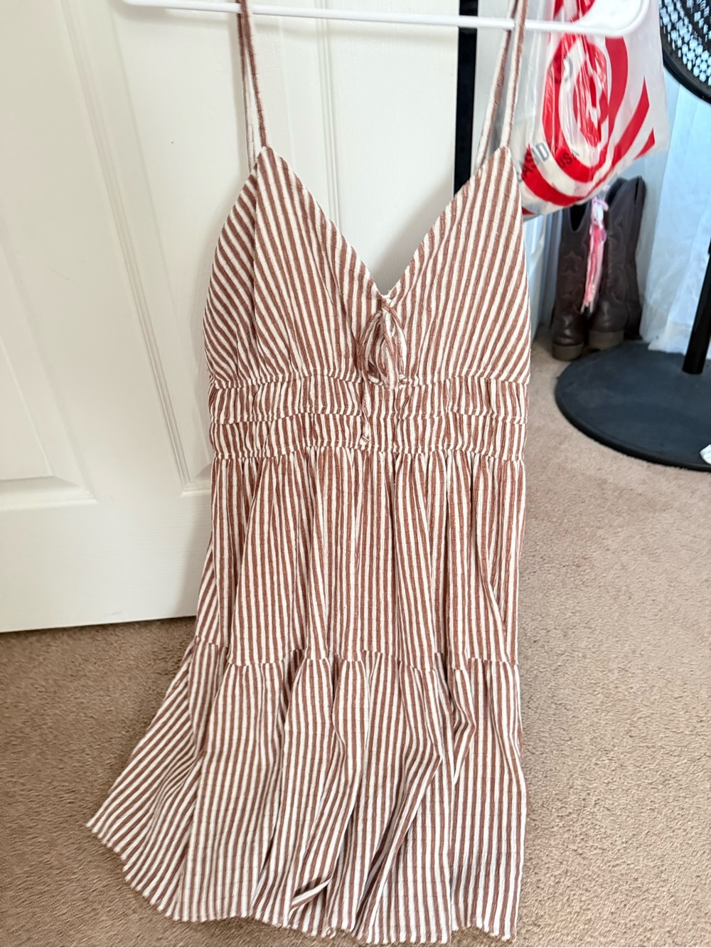 Old Navy Brown and White Striped Spaghetti Strap Dress